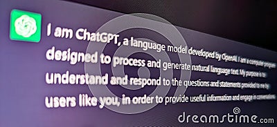 ChatGPT AI renders a text prompt that describes itself as a language model developed by OpenAI Editorial Stock Photo